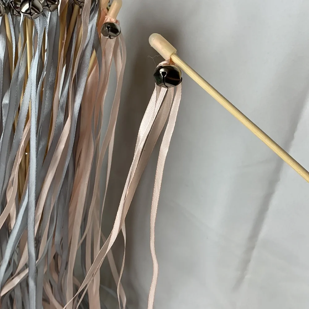 Set of 29 peachy pink and gray FAIRY WANDS / wedding ribbon streamers with bells
